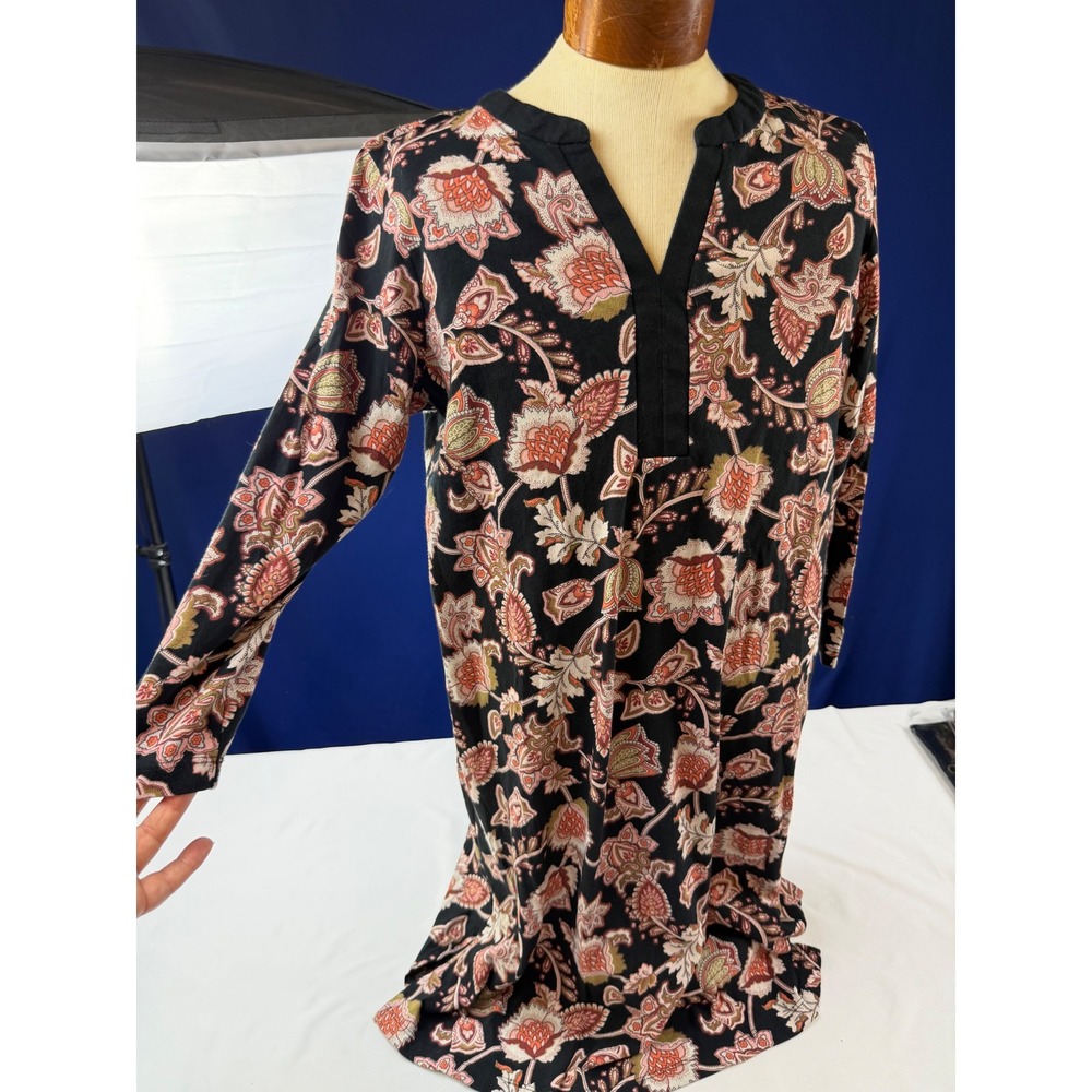 Lands End Womens Small 6-8 Tunic Dress Black Pink Orange Floral Paisley V-Neck